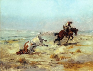 雄牛をなげなわする西部アメリカ人のチャールズ マリオン ラッセル Oil Paintings
